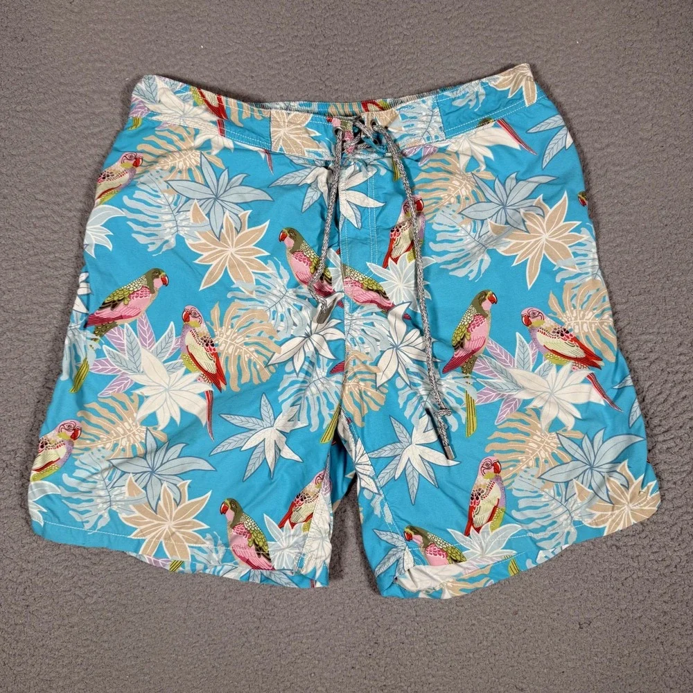 Villebrequin Shorts Mens XXL Blue Floral Parrot All Over Swim Board Pockets Logo